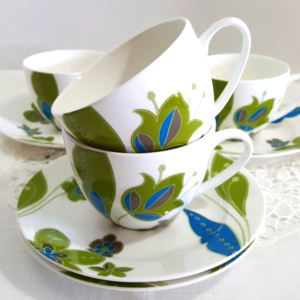 Pair Teacup Saucer Retired Stokes Floral AQUA GARDEN, Green & White, Set of 2